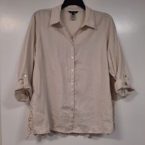 John Mark Linen Roll Tab Sleeve Crochet Back Sz 1X Beige Button Up Blouse Top
